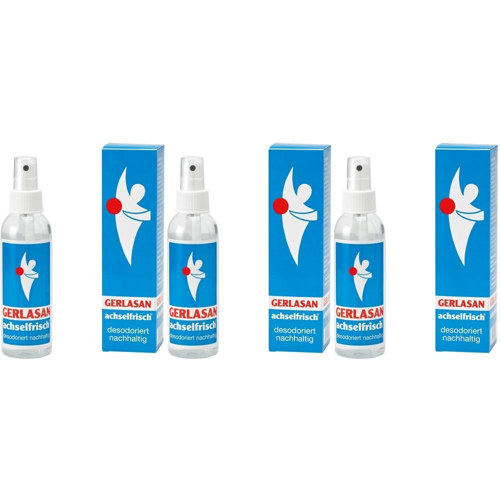 Mehrere Flaschen und Verpackungen von GERLASAN achselfrisch®. Blaue Verpackung mit weißem Logo. Sprühflaschen mit weißem Sprühkopf.