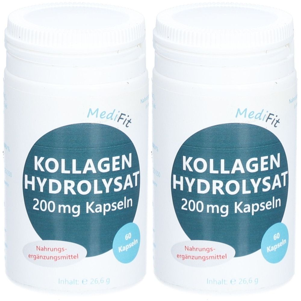 Zwei weiße Flaschen mit blauen Etiketten. Aufschrift: Kollagen Hydrolysat 200 mg Kapseln. Marke: MediFit. Enthält 60 Kapseln.