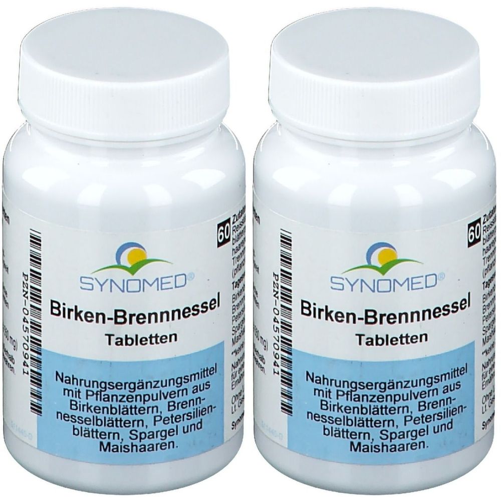 Zwei weiße Flaschen mit Schraubverschluss. Aufschrift: SYNOMED Birken-Brennnessel Tabletten. Enthält Nahrungsergänzungsmittel.
