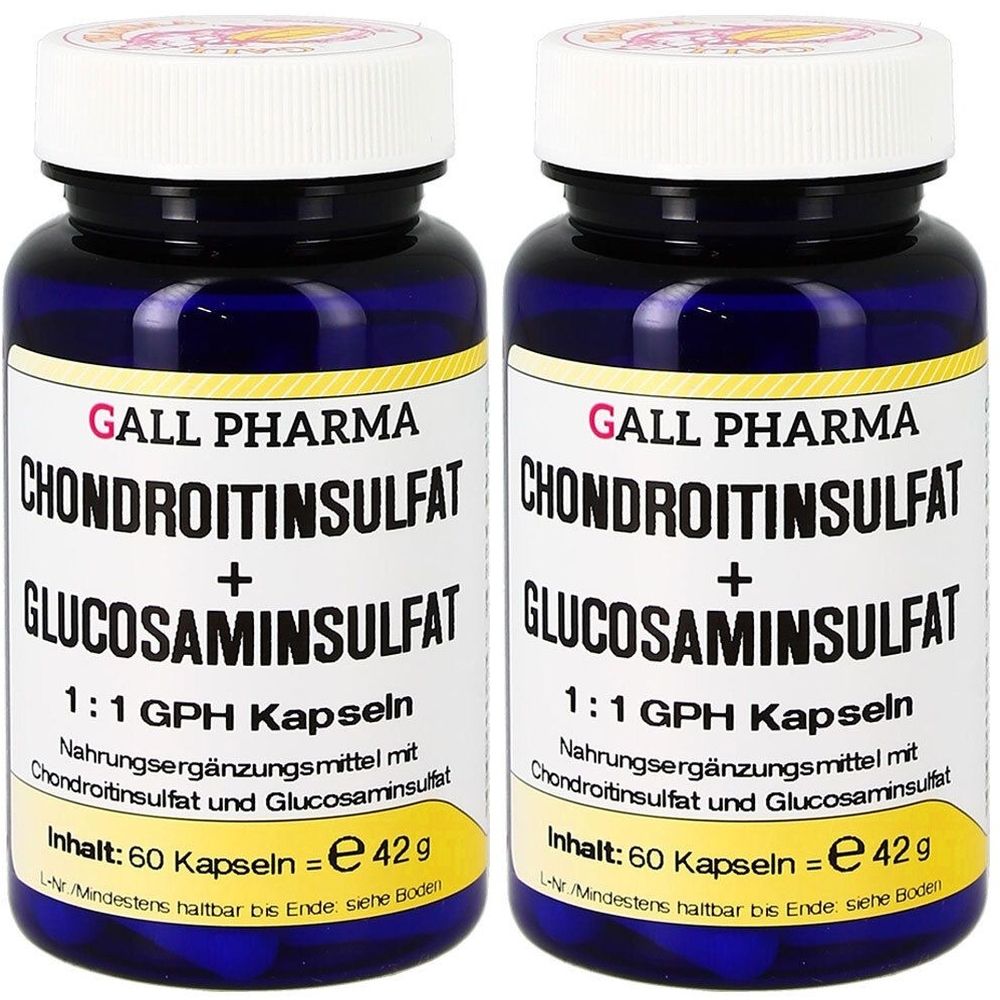 Zwei Flaschen GALL PHARMA Chondroitinsulfat + Glucosaminsulfat. Blaue Flaschen mit weißem Deckel und Etikett. Text: 1:1 GPH Kapseln, 60 Kapseln.