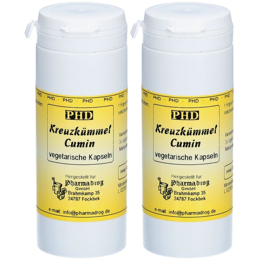 Zwei weiße Pillendosen mit gelben Etiketten. Auf den Etiketten steht "PHD Kreuzkümmel Cumin vegetarische Kapseln".