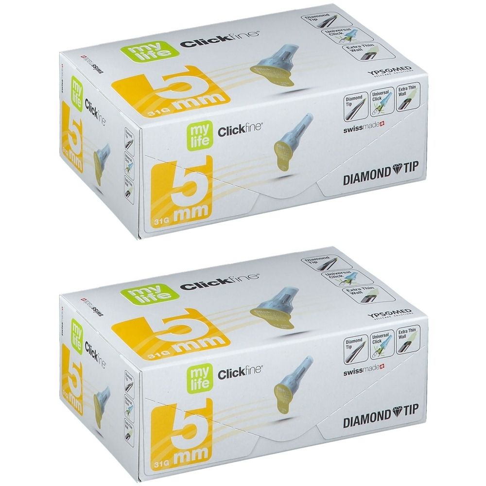 Zwei Kartons mit MYLIFE Clickfine Pen-Nadeln. Aufdruck: 5 mm, Diamond Tip. Swiss made.