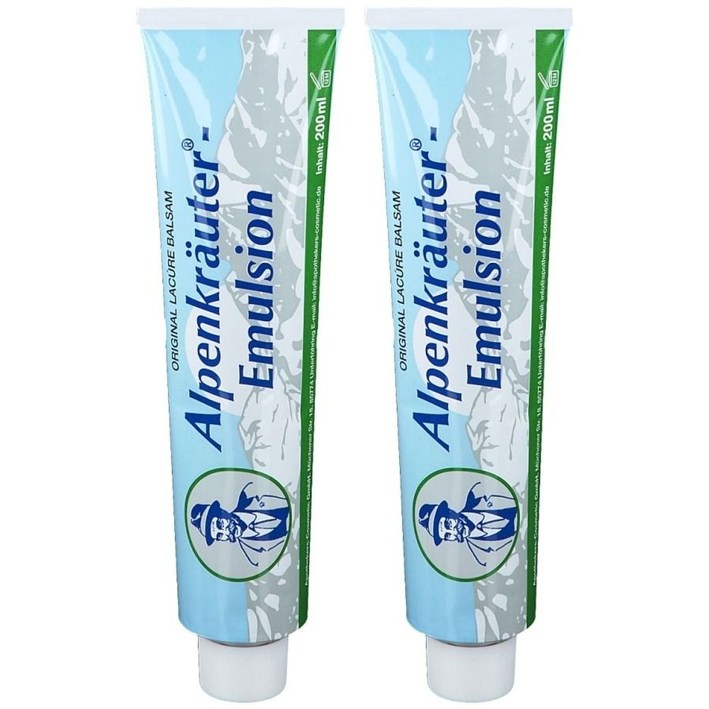 Zwei Tuben Lacúre Alpenkräuter-Emulsion. Hellblaue Tuben mit Produktnamen, Bergmotiv und Logo. Inhalt 200 ml.