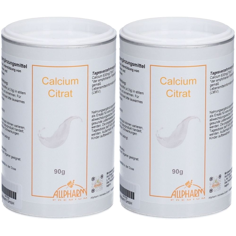 Zwei weiße Dosen mit Deckel. Aufschrift "Calcium Citrat" und "90g". Logo von ALLPHARM.