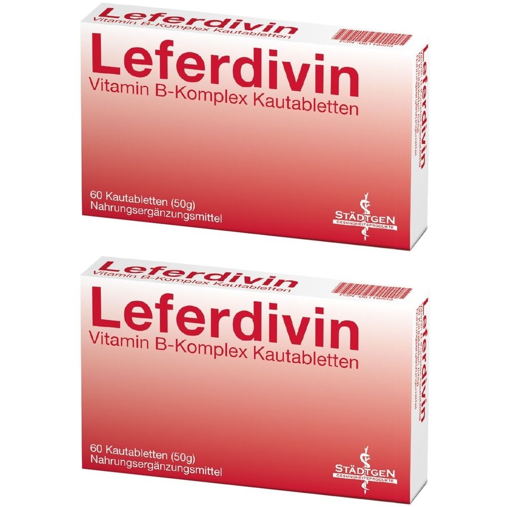 Zwei Schachteln Leferdivin, Vitamin B-Komplex Kautabletten. Rote und weiße Verpackung. 60 Tabletten, Nahrungsergänzungsmittel.