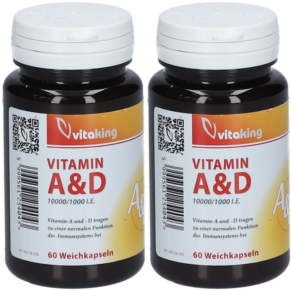 Zwei Flaschen mit Vitamin A&D-Kapseln. Schwarze Flaschen mit weißen Deckeln und Etiketten mit Produktinformationen und dem Logo von Vitaking.