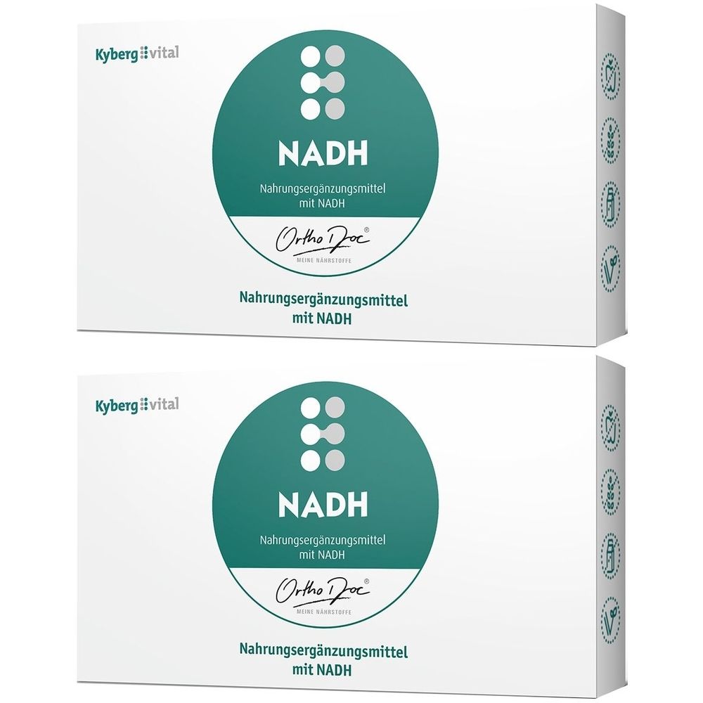 Zwei weiße Schachteln mit grünem Kreis. Aufschrift: NADH, Nahrungsergänzungsmittel. Marke: Kyberg vital, Ortho Doc.