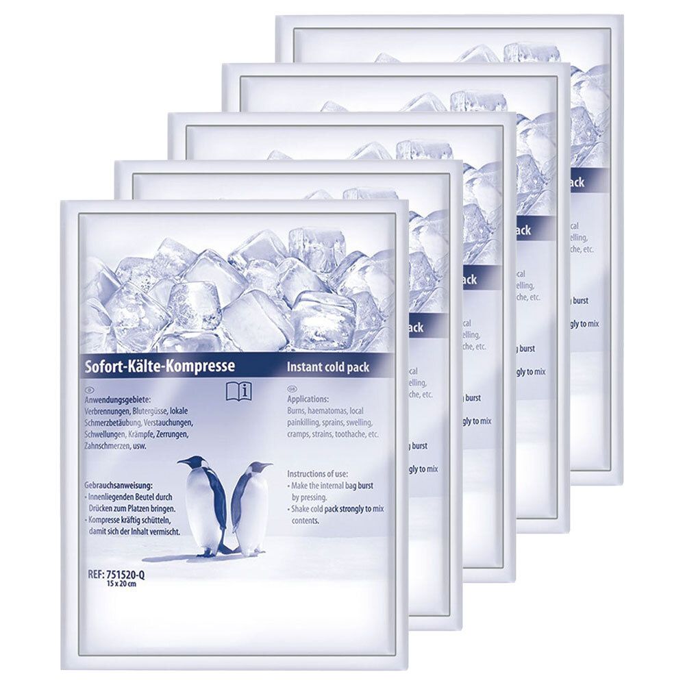 Mehrere Sofort-Kälte-Kompressen, rechteckig, mit Eiswürfeln und Pinguinen. Text: Sofort-Kälte-Kompresse, Instant cold pack, 15 x 20 cm.