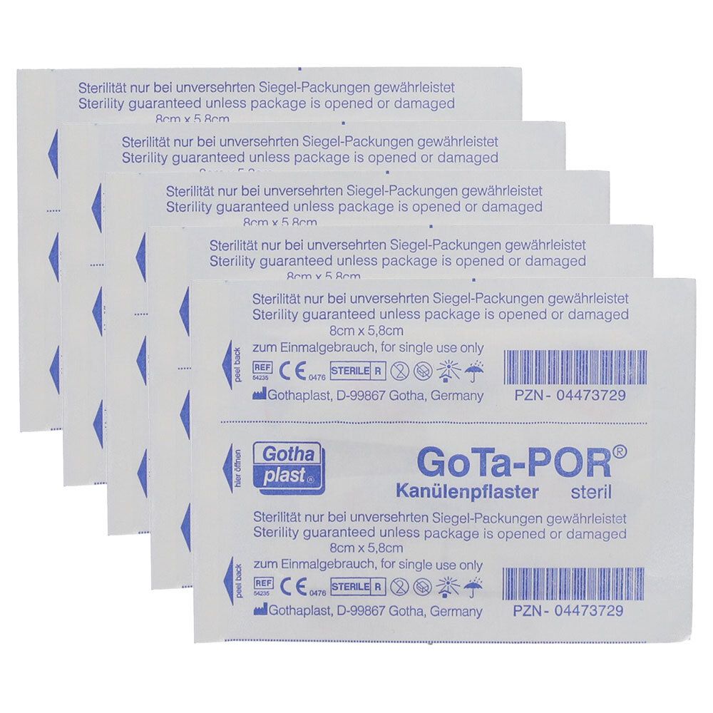 Mehrere sterile Kanülenpflaster GoTa-POR® in Einzelverpackungen. Größe: 8 x 5,8 cm. Verpackung mit Produktinformationen und Zertifizierungen.