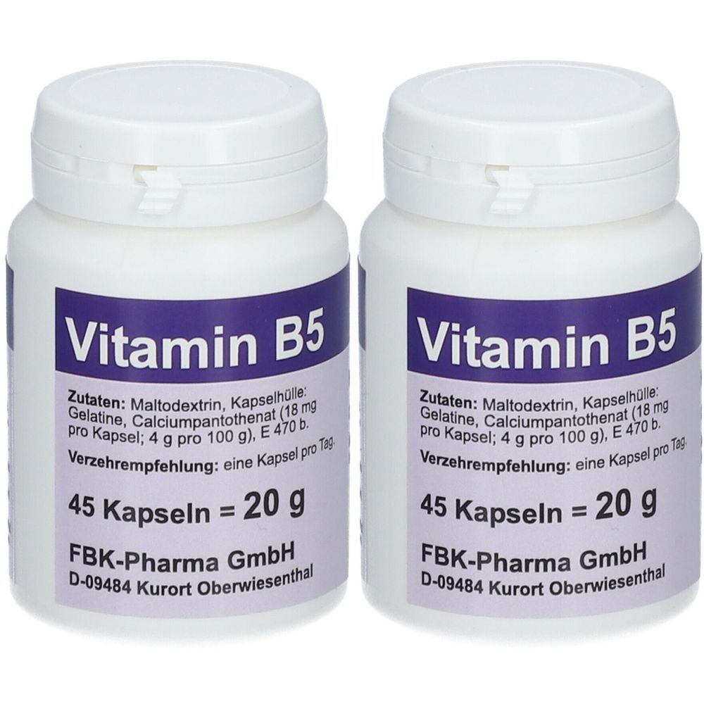 Zwei weiße Flaschen mit Schraubverschluss. Aufschrift: Vitamin B5. Enthält 45 Kapseln. Hersteller: FBK-Pharma GmbH.