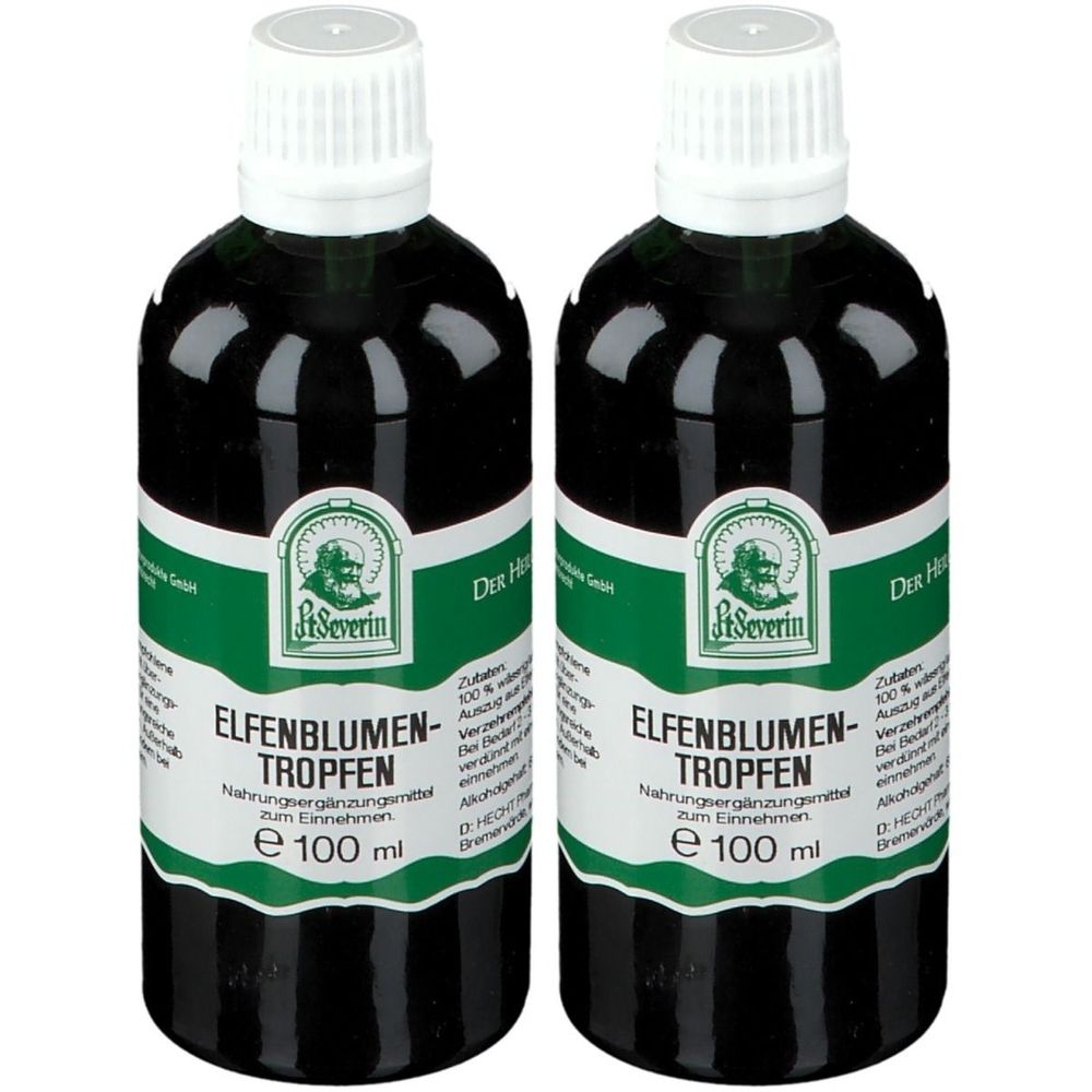 Zwei Flaschen mit weißem Deckel und grünen Etiketten. Aufschrift: Elfenblumen-Tropfen, St. Severin. Schwarze Flüssigkeit sichtbar.