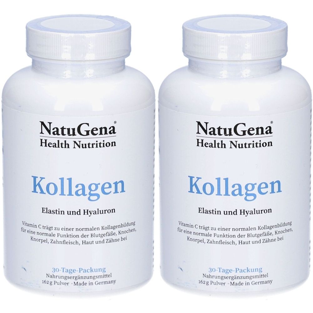 Zwei weiße Flaschen mit Schraubverschluss. Aufschrift: NatuGena Health Nutrition, Kollagen, Elastin und Hyaluron. 30-Tage-Packung.