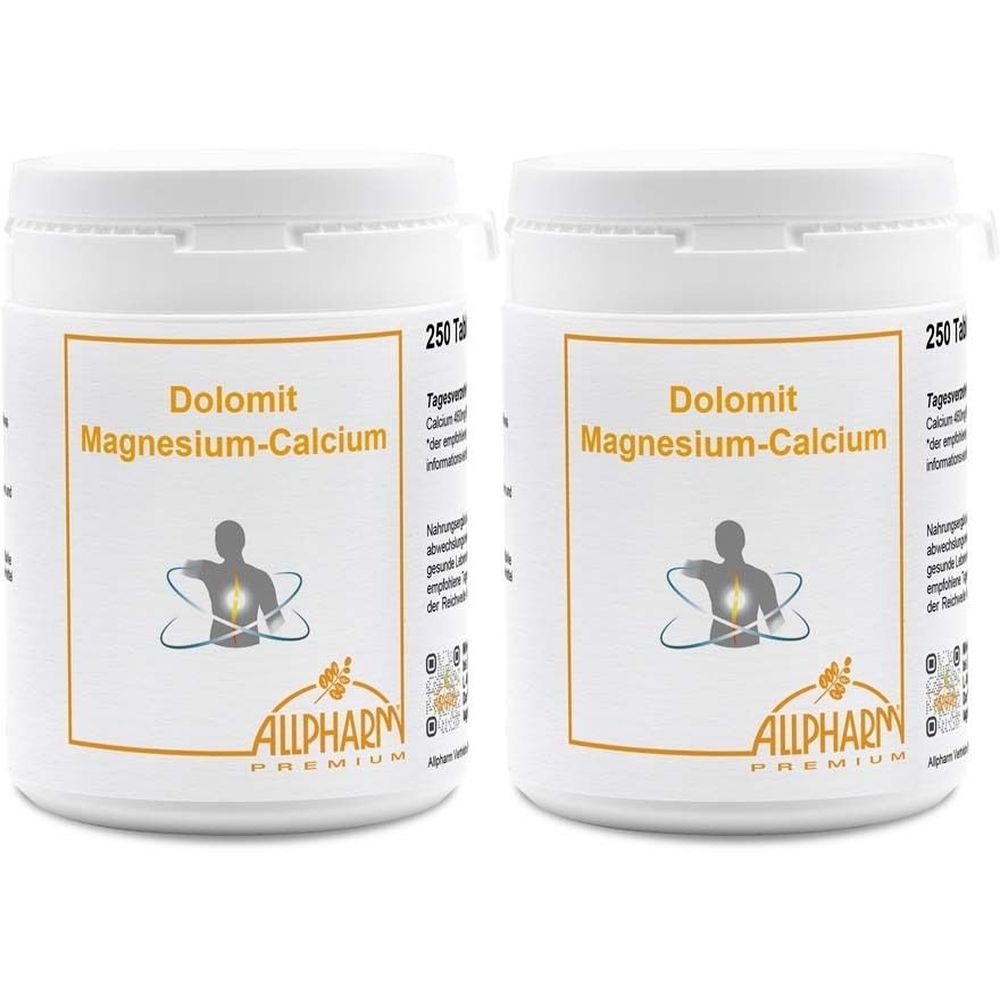 Zwei weiße Behälter mit Etiketten. Aufschrift: Dolomit Magnesium-Calcium. Logo mit Person und Strahlen. Marke ALLPHARM PREMIUM. 250 Tabletten.