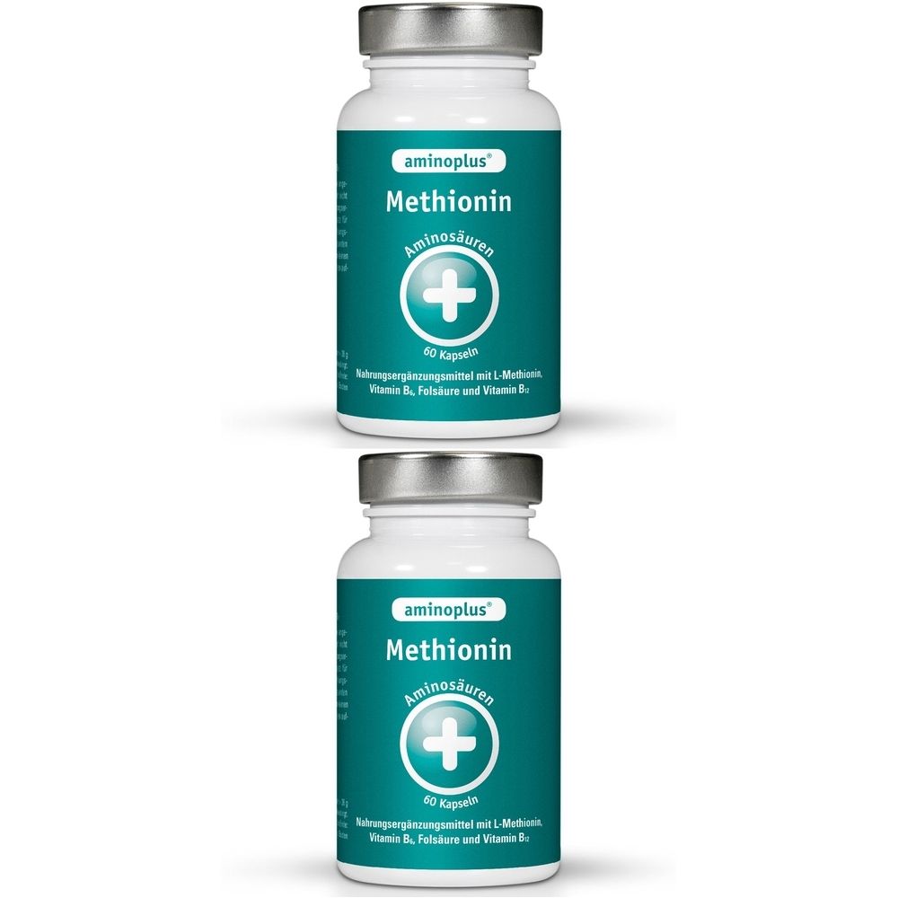 Zwei weiße Flaschen mit silbernen Deckeln. Aufschrift: aminoplus Methionin, Aminosäuren, Plus-Symbol. 60 Kapseln.