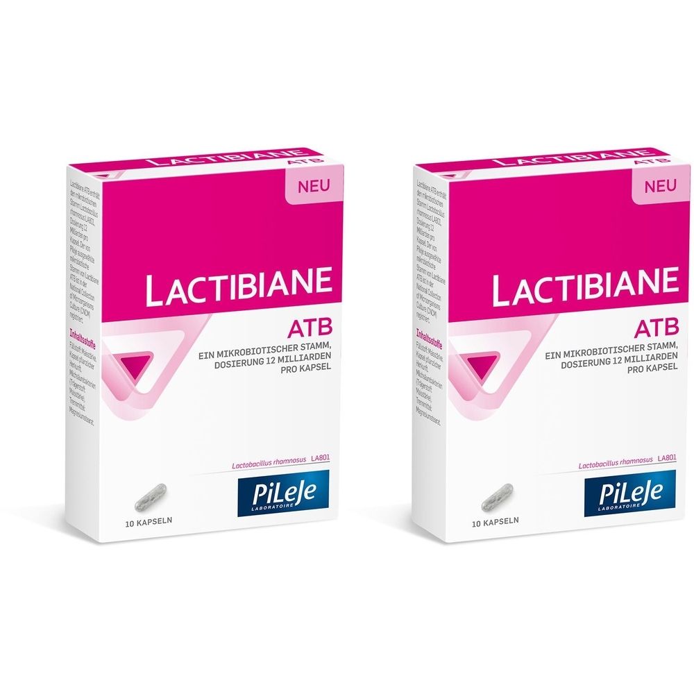 Zwei rechteckige Schachteln mit der Aufschrift "LACTIBIANE ATB". Auf jeder Schachtel steht "NEU". Das Logo von PiLeje ist sichtbar.
