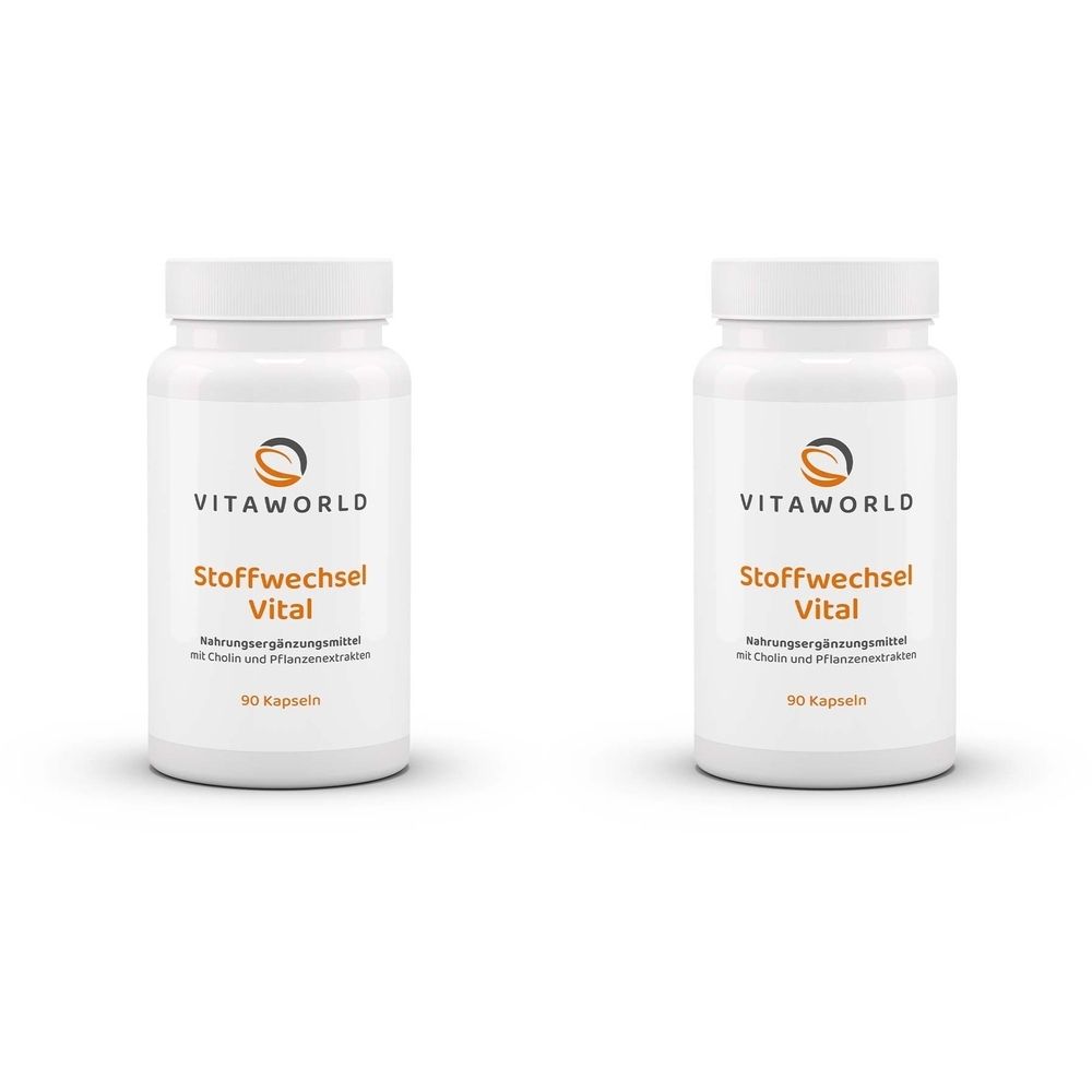 Zwei weiße Flaschen mit Schraubverschluss. Aufschrift: VITAWORLD, Stoffwechsel Vital, 90 Kapseln. Nahrungsergänzungsmittel.