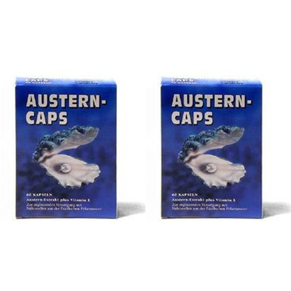 Zwei blaue Schachteln mit dem Aufdruck "AUSTERN-CAPS". Abbildung einer Auster. Text: 60 Kapseln, Austern-Extrakt plus Vitamin E.