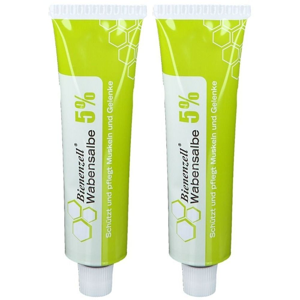 Zwei Tuben Bienenzell Wabensalbe 5%. Grün-weiß, mit Produktbezeichnung und Prozentangabe. Schützt Muskeln und Gelenke.
