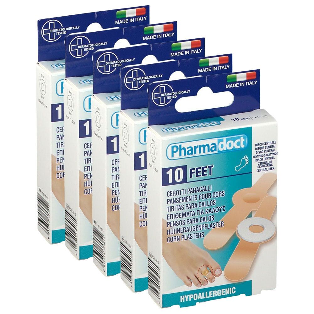Mehrere Packungen Pharmadoct Feet Hühneraugenpflaster. Verpackung mit 10 Pflastern. Aufdruck: Dermatologisch getestet, Made in Italy.
