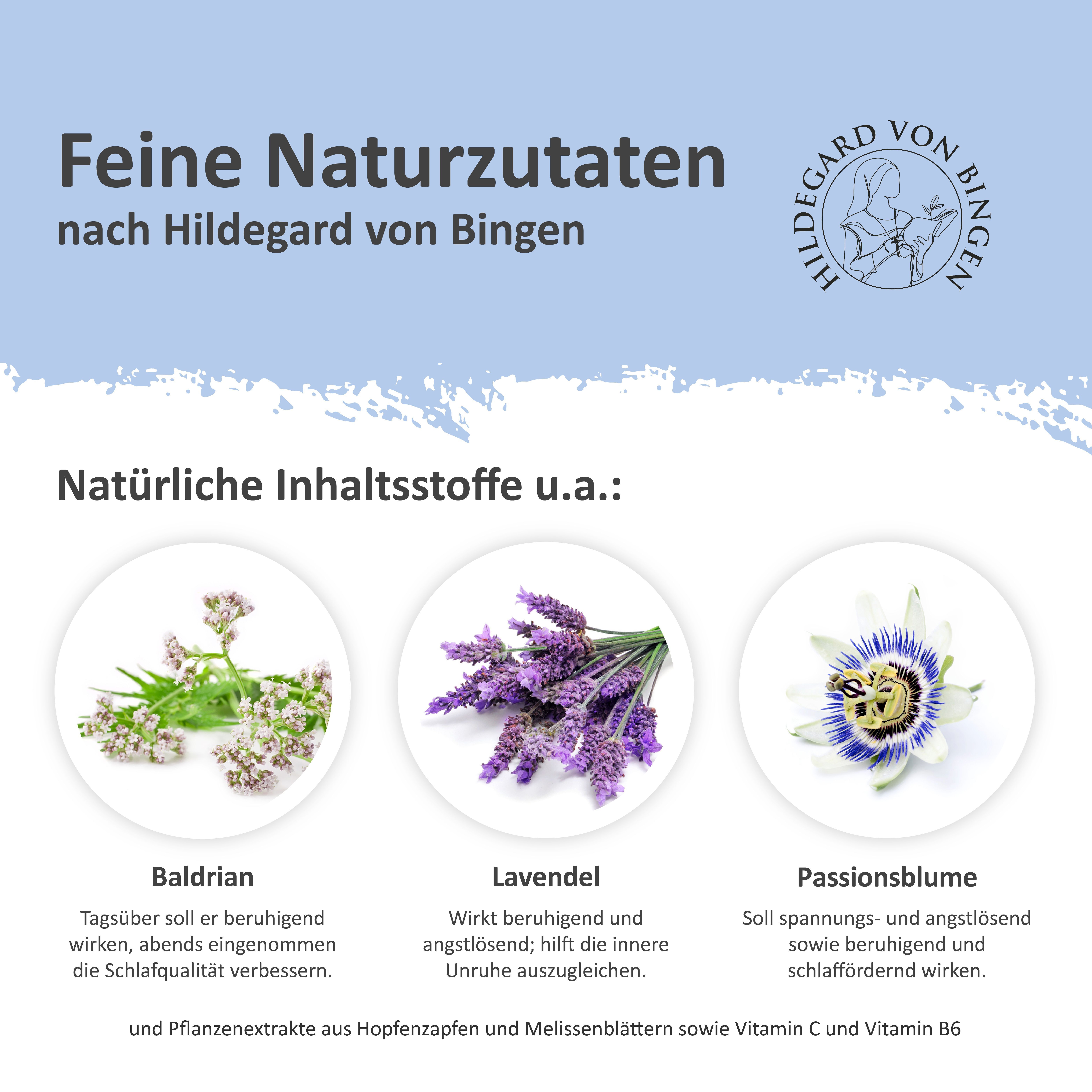 Drei Kreise zeigen Baldrian, Lavendel und Passionsblume als natürliche Inhaltsstoffe.