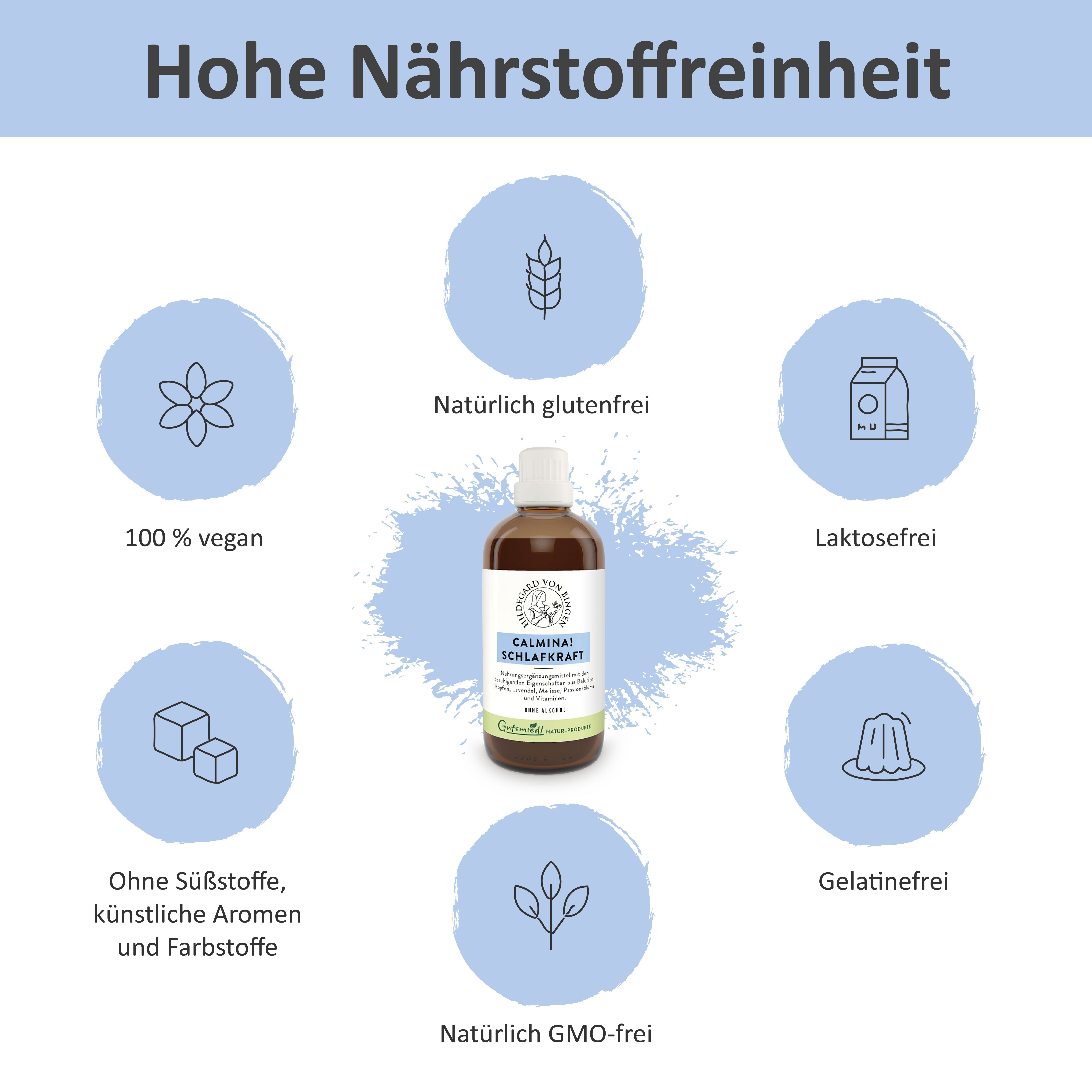 Eine Flasche Calmina! SchlafKraft umgeben von Symbolen für '100% vegan', 'natürlich glutenfrei' und 'laktosefrei'.