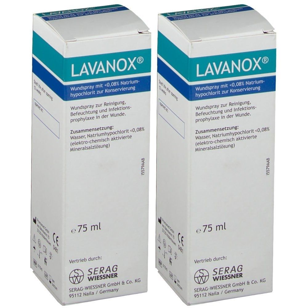 Zwei rechteckige Kartons mit dem Produktnamen LAVANOX®. Aufschrift: Wundspray. Enthält 75 ml. Hersteller: SERAG-WIESSNER.