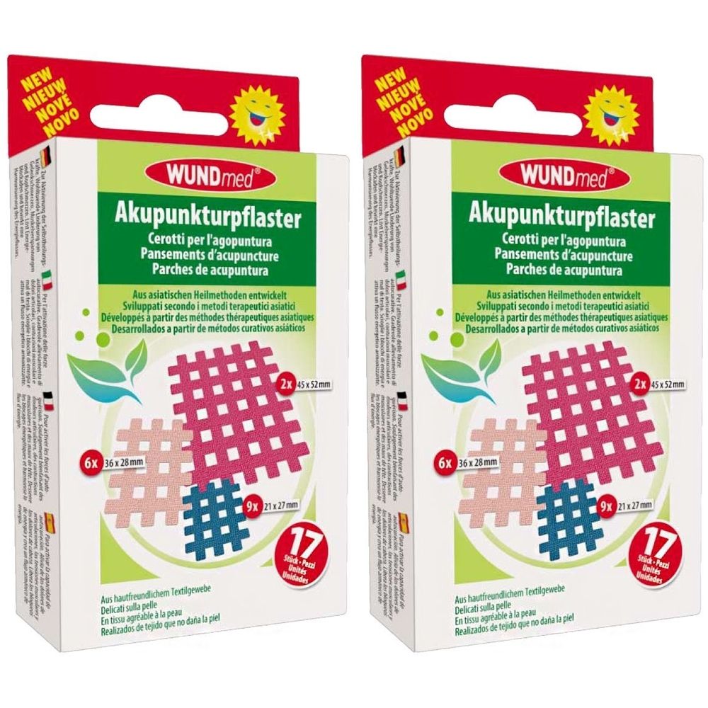 Zwei Packungen Akupunkturpflaster. Aufdruck: WUNDmed, Produktabbildung, Größenangaben. Verpackung mit Sonnen-Logo und Aufschrift 'NEW'.