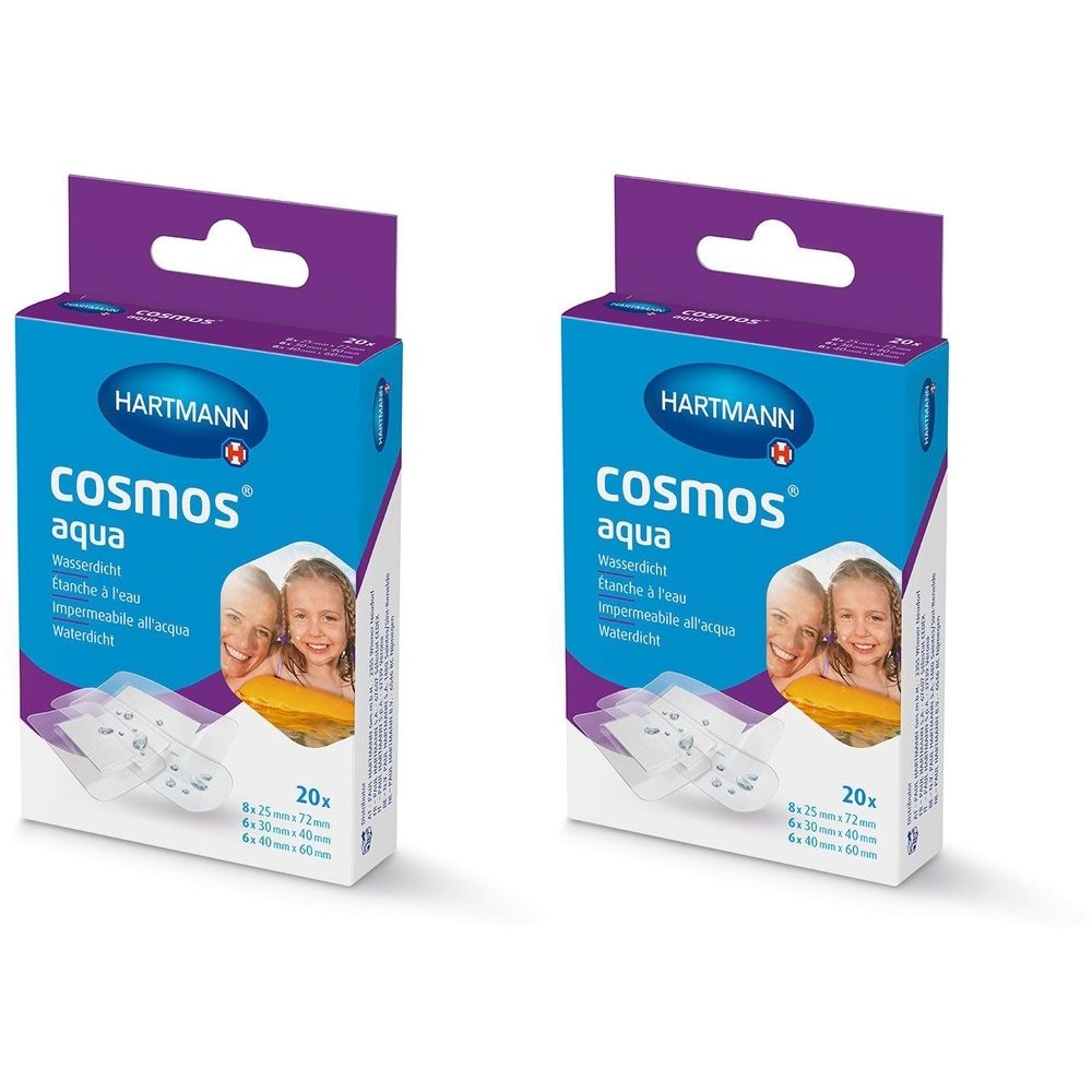 Zwei Packungen HARTMANN cosmos® aqua. Blaue Schachteln mit Produktnamen und Abbildungen. 20 Pflaster pro Packung.