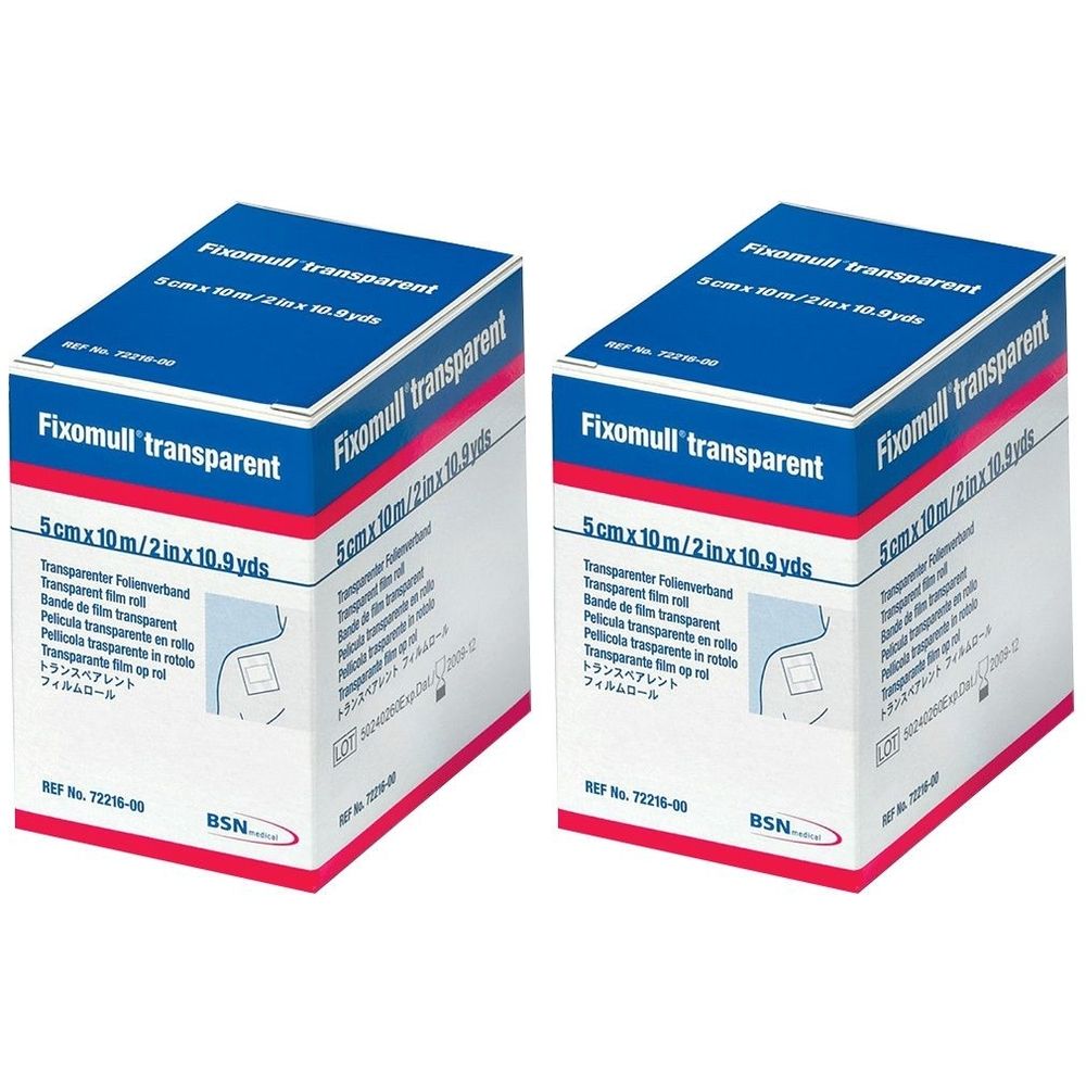 Zwei Kartons mit "Fixomull transparent". Aufschrift: 5 cm x 10 m. Blaue und weiße Verpackung mit Produktinformationen.