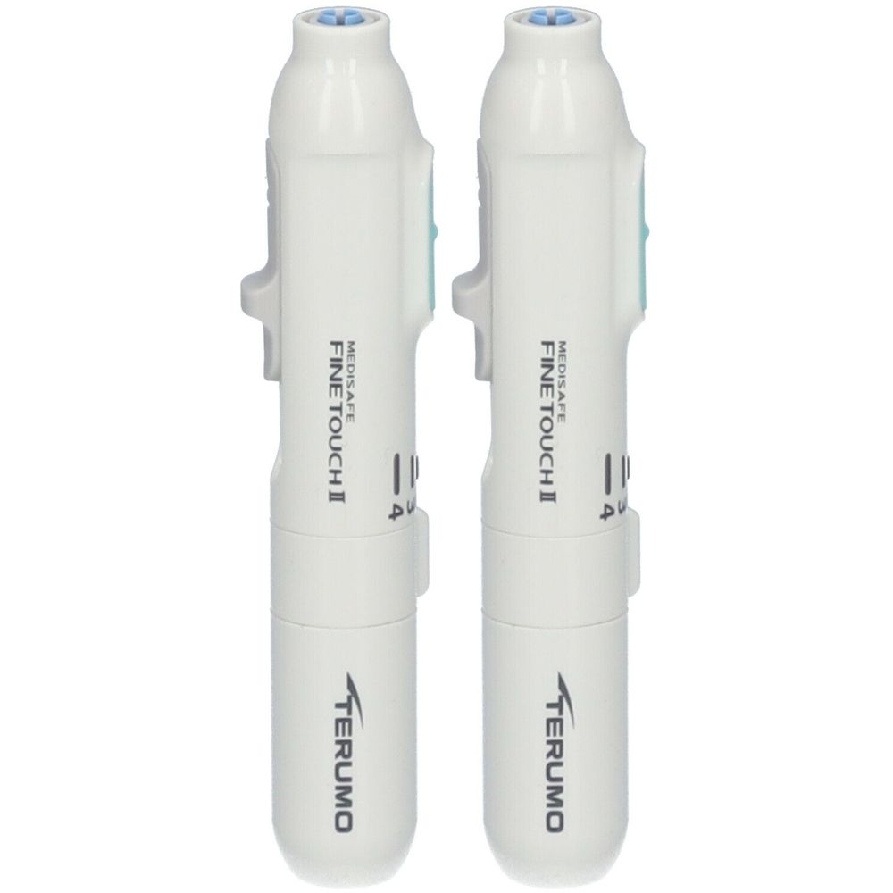 Zwei weiße Stechhilfen. Aufschrift: MEDISAFE FINE TOUCH II und TERUMO. Einstellbare Stechtiefe. Blaue Spitze.