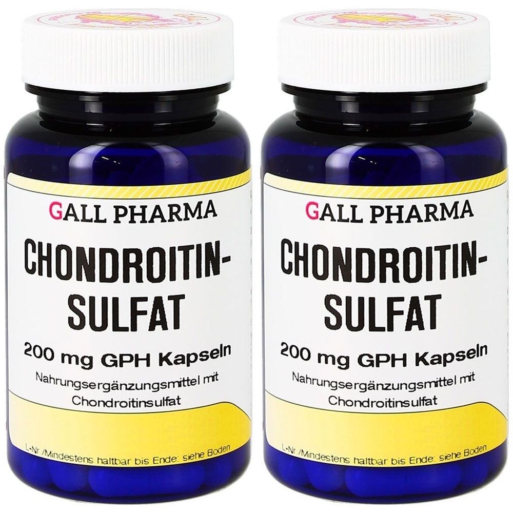 Zwei Flaschen mit weißem Deckel und blauem Körper. Aufschrift: GALL PHARMA CHONDROITIN-SULFAT, 200 mg GPH Kapseln.