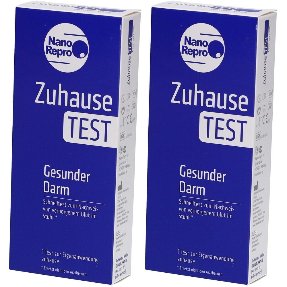 Zwei blaue Schachteln mit der Aufschrift "Nano Repro Zuhause TEST Gesunder Darm". Schnelltest zur Eigenanwendung.
