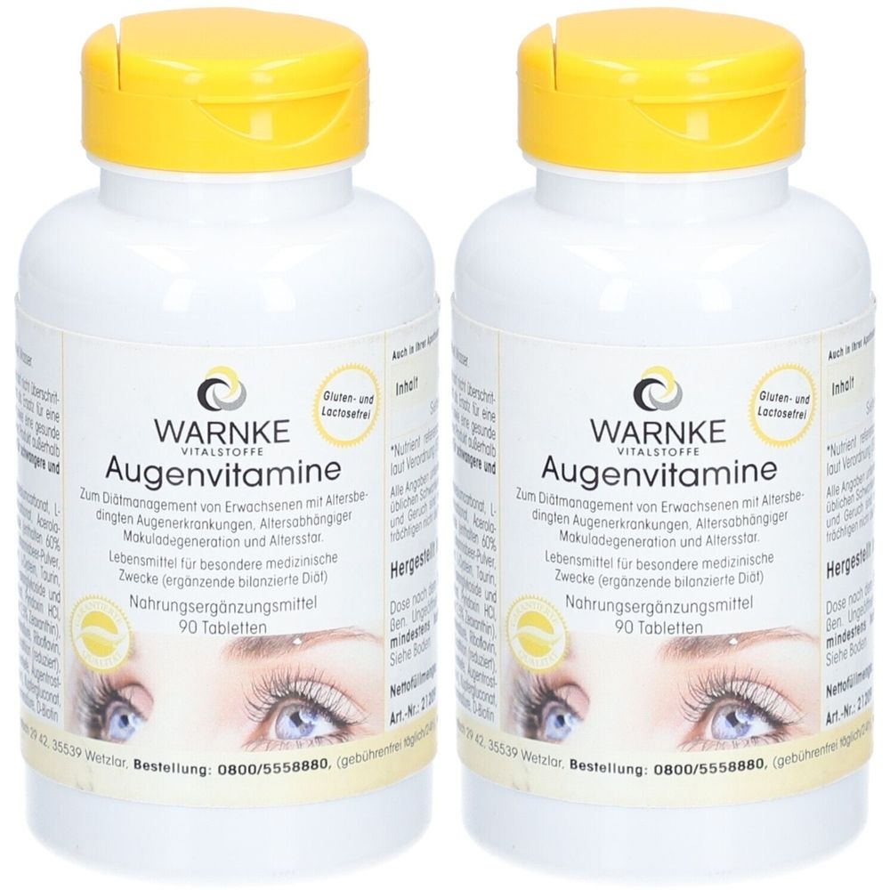 Zwei weiße Flaschen mit gelben Deckeln. Aufschrift: WARNKE Augenvitamine. Enthält 90 Tabletten. Gluten- und laktosefrei.