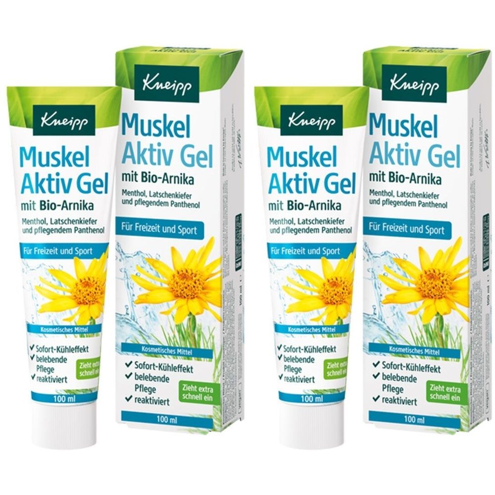 Zwei Tuben und zwei Kartons Kneipp Muskel Aktiv Gel. Aufschrift: Bio-Arnika, Menthol, Latschenkiefer. Gelbe Blüte abgebildet.
