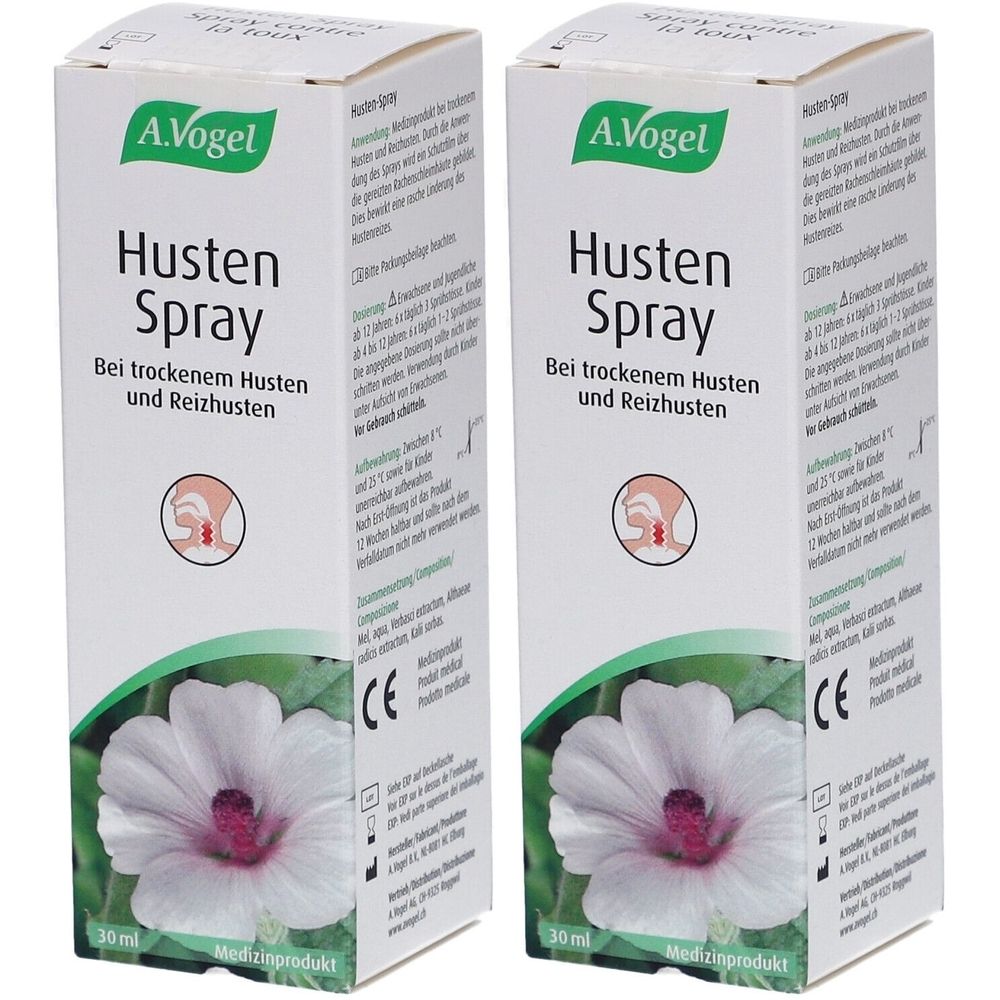 Zwei Schachteln mit Hustenspray. Aufschrift: A. Vogel Husten Spray. Bei trockenem Husten und Reizhusten. Medizinprodukt. Mit CE-Zeichen.