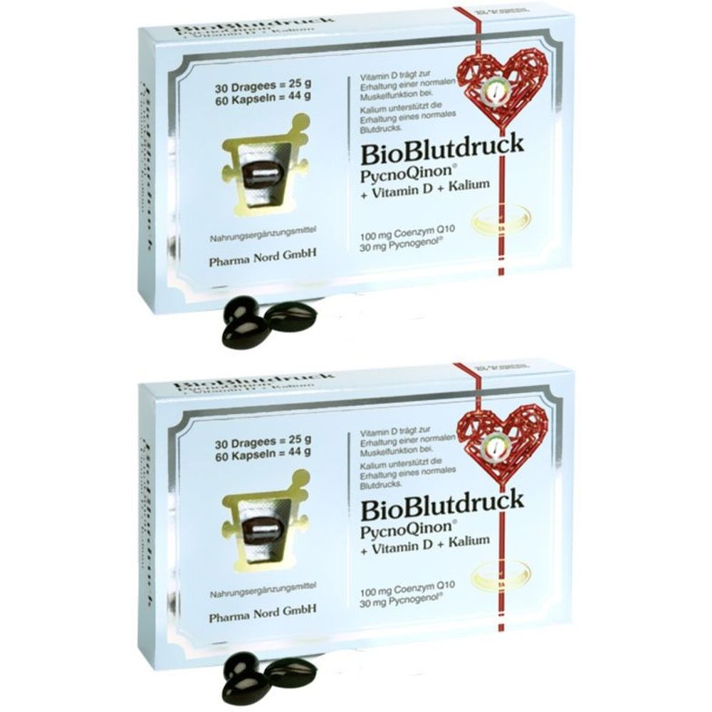 Zwei Schachteln BioBlutdruck. Aufschrift: PycnoQinon, Vitamin D + Kalium. Enthält 30 Dragees und 60 Kapseln. Schwarze Kapseln liegen daneben.