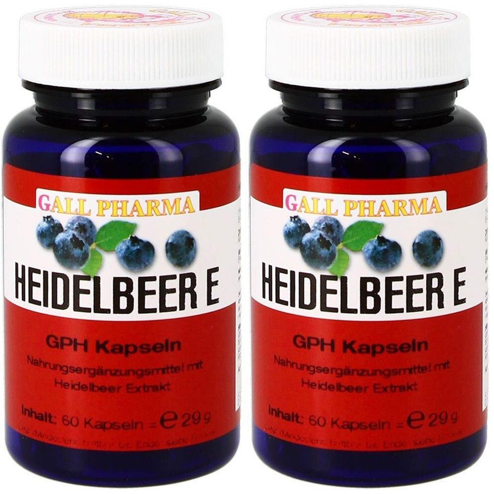 Zwei blaue Pillendosen mit weißem Deckel. Aufschrift: GALL PHARMA, HEIDELBEER E, GPH Kapseln. Abbildung von Blaubeeren.