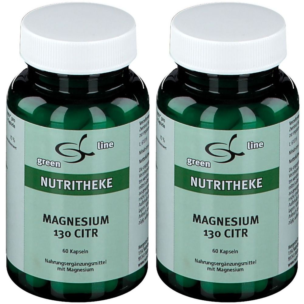 Zwei grüne Flaschen mit weißen Deckeln. Aufschrift: green line NUTRITHEKE Magnesium 130 CITR. 60 Kapseln. Nahrungsergänzungsmittel mit Magnesium.