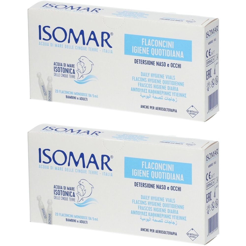 Zwei Kartons ISOMAR. Weiße Verpackung mit blauen Akzenten. Aufschrift: Flaconcini Igiene Quotidiana. Enthält Ampullen.