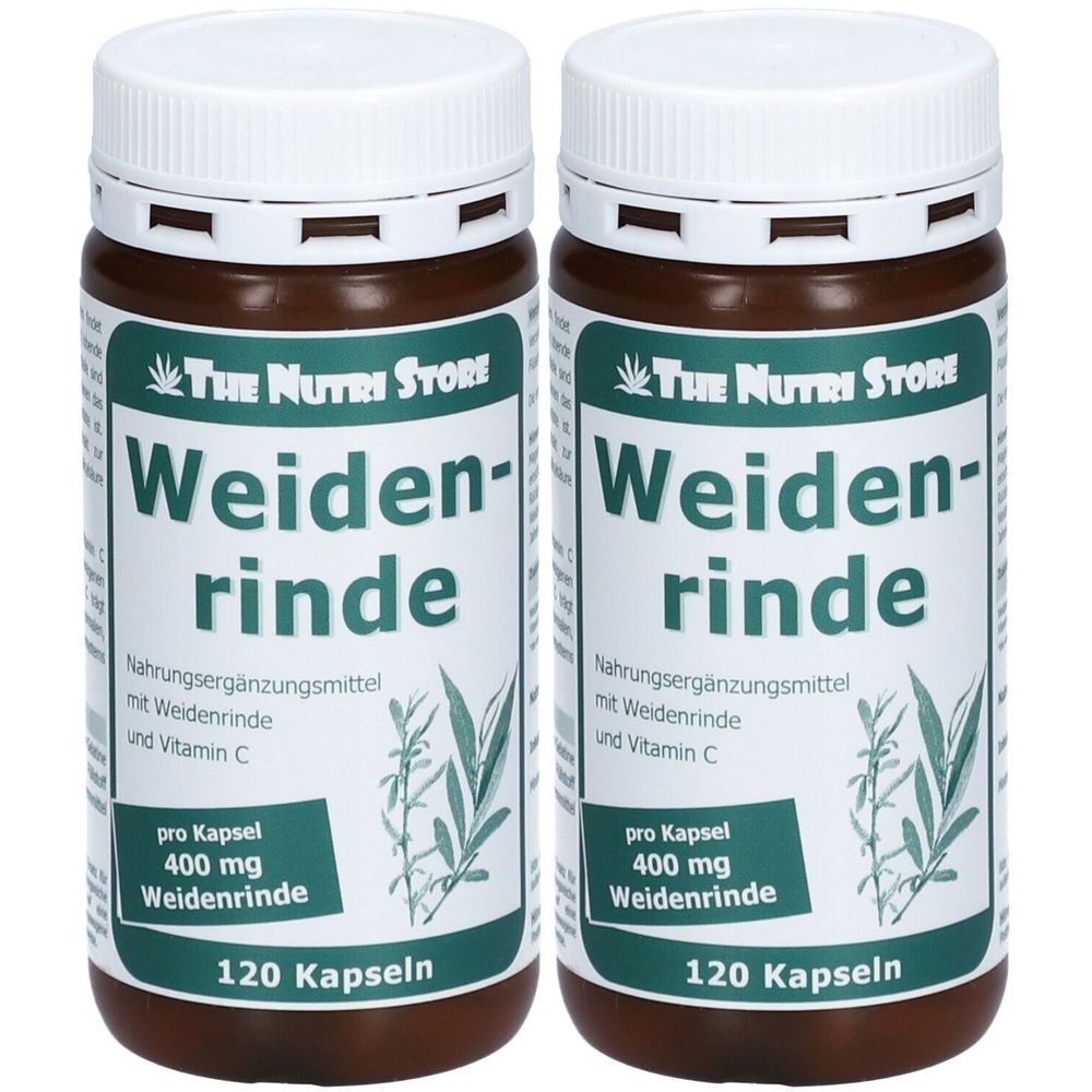 Zwei braune Flaschen mit weißen Deckeln. Auf den Etiketten steht "Weidenrinde" und "The Nutri Store". Enthält 120 Kapseln.
