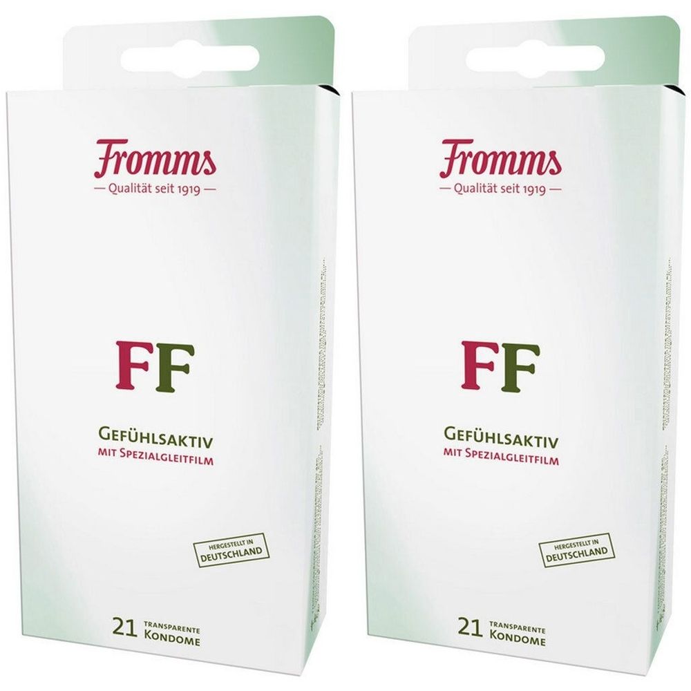 Zwei weiße Verpackungen mit dem Logo "Fromms". Aufschrift "Gefühlsaktiv". Enthält 21 Kondome. Hergestellt in Deutschland.