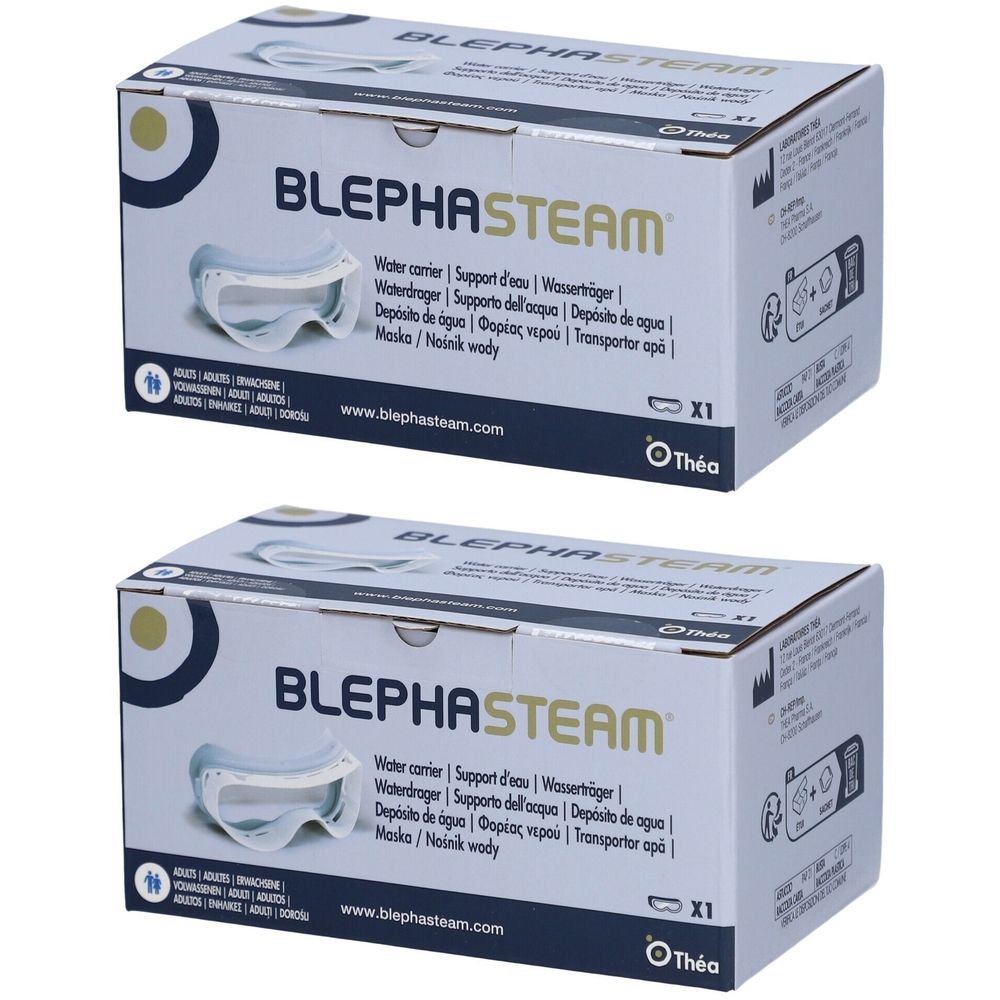 Zwei Kartons mit Produktnamen BLEPHASTEAM. Aufdruck: Brille, Text in mehreren Sprachen, Logo. Hersteller: Théa.