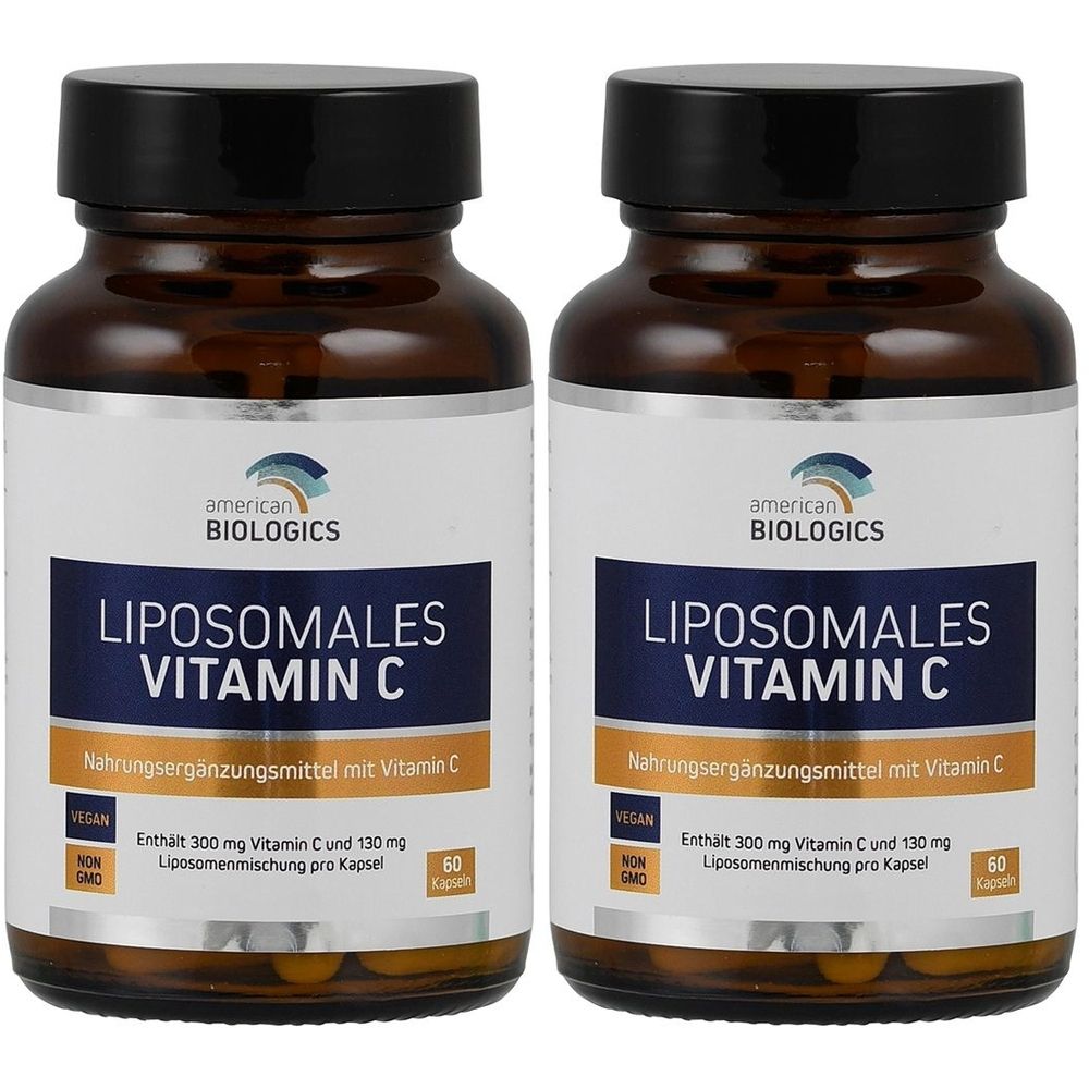 Zwei braune Glasflaschen mit schwarzen Deckeln. Auf den Etiketten steht "LIPOSOMALES VITAMIN C" und "american BIOLOGICS".