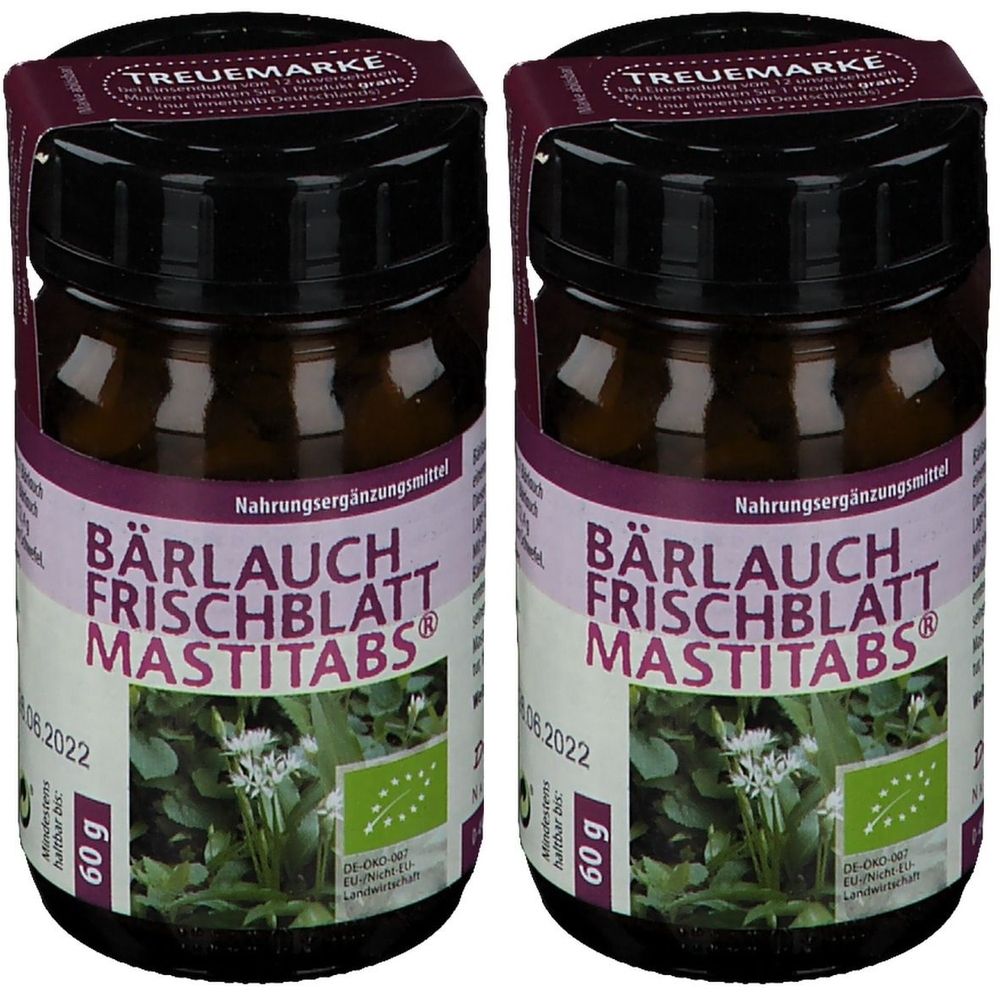 Zwei braune Glasflaschen mit schwarzen Deckeln. Auf den Etiketten steht "Bärlauch Frischblatt Mastitabs". Mit Bio-Siegel und "60 g".