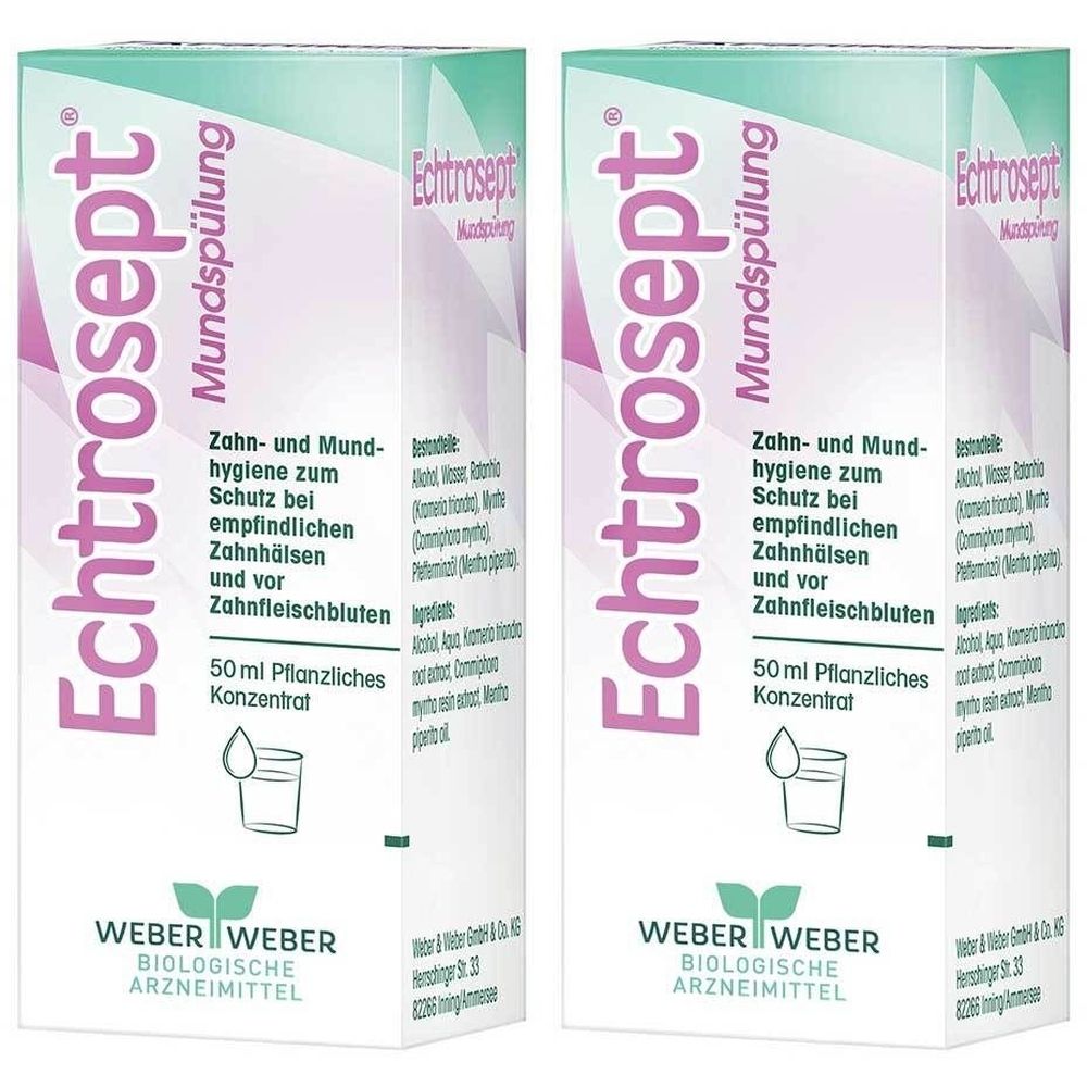 Zwei identische Kartons mit der Aufschrift "Echtrosept Mundspülung". Aufdrucke: Zahn- und Mundhygiene, 50ml Konzentrat, Weber.