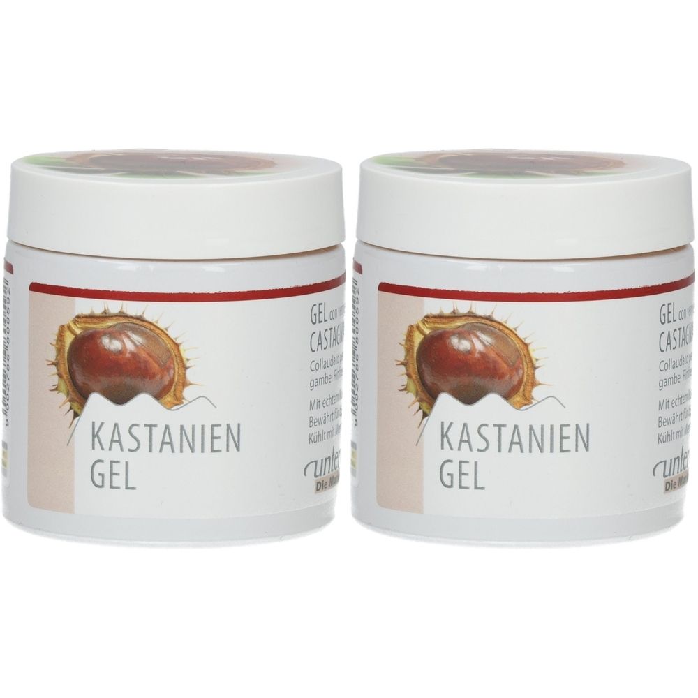 Zwei weiße Tiegel mit Kastaniengel-Aufdruck. Auf den Etiketten sind Kastanien abgebildet. Deckel mit grünem Aufdruck.