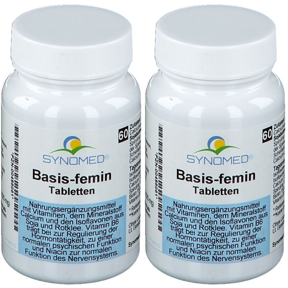 Zwei weiße Tablettenflaschen mit Schraubverschluss. Aufschrift: SYNOMED Basis-femin Tabletten. 60 Tabletten pro Flasche.