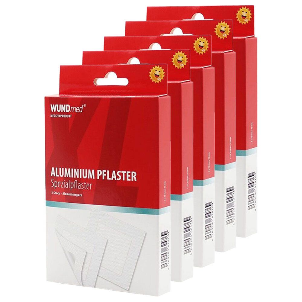 Mehrere Packungen WUNDmed Aluminium-Pflaster. Rote Verpackung mit weißem Boden. Aufschrift: Aluminium Pflaster, Spezialpflaster.
