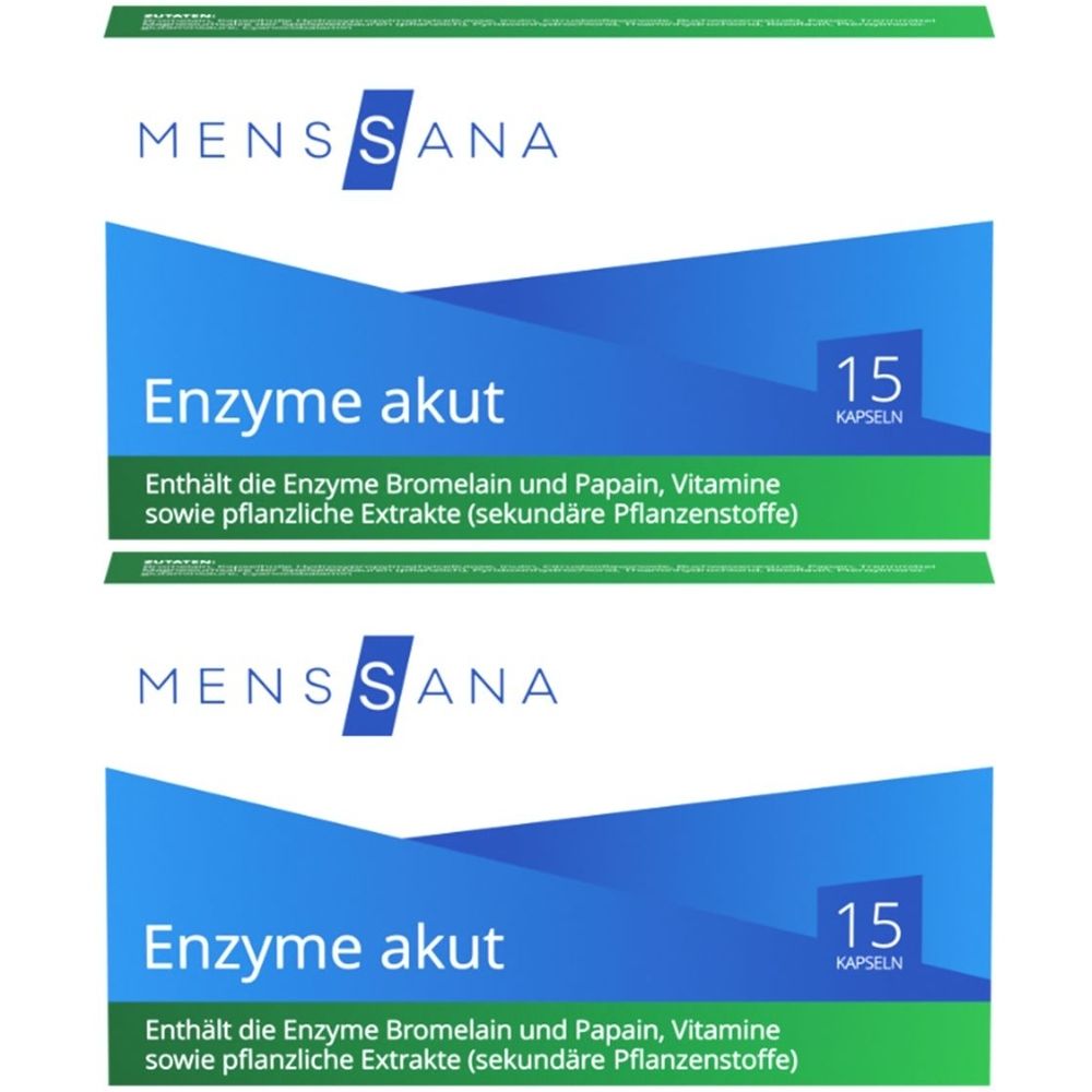 Zwei Packungen mit der Aufschrift "MENS SANA Enzyme akut". Blaue und grüne Verpackung mit 15 Kapseln. Enthält Enzyme, Vitamine und Pflanzenextrakte.