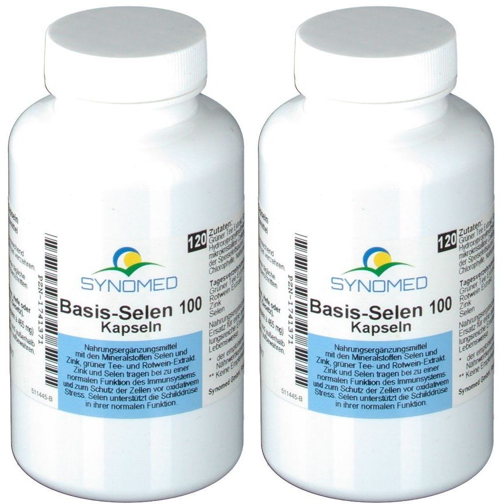 Zwei weiße Flaschen mit Schraubverschluss. Aufschrift: SYNOMED Basis-Selen 100 Kapseln. Etikett mit Informationen und 120 Kapseln.